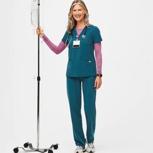 FIGS Caribbean Blue Scrubs: top size small, pant size medium